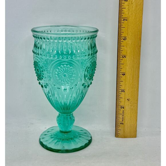The Pioneer Woman Adeline 12-Ounce Footed Glass Goblet Turquoise Teal One - Picture 10 of 12